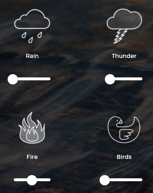 A Soft Murmur is an excellent source for soft background noise--rain, a campfire, singing bowls, etc.--perfect for working at the computer. Noisli is another good one, with interesting options like blowing leaves.