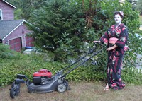 #106 Let's see a fully dressed, face-painted geisha mowing the lawn.
