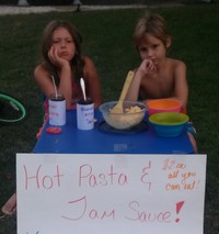 #147 It’s summertime and everyone loves a lemonade stand. But then again, every Tom, Dick and Harry is setting up a lemonade stand in the summertime and the market is flooded. Respond to consumer demand and carve out your own niche. Let's see two children manning a ''Hot Pasta With Jam Sauce'' stand.